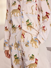 Chelsea Peers Off White Cotton Ice Skating Leopards Print Long Pyjamas Set - Image 3 of 7