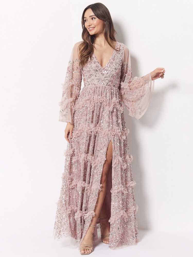 Maya Pink Embellished Long Sleeve Split Maxi Dress - Image 1 of 4