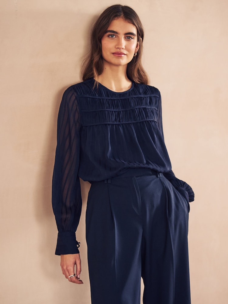 Navy Sheer Pintuck Pleated Blouse - Image 1 of 7 Navy Sheer Pintuck Pleated Blouse - Image 1 of 7