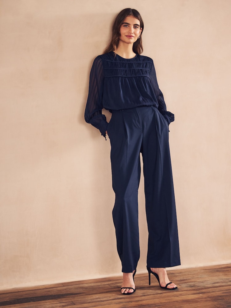Navy Sheer Pintuck Pleated Blouse - Image 2 of 7