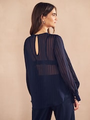 Navy Sheer Pintuck Pleated Blouse - Image 4 of 7