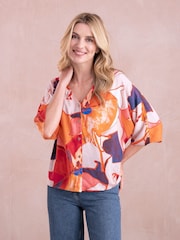 Celtic & Co. orangefarbene, drapierte Bluse mit V-Ausschnitt und Knopfleiste - Bild 1 von 5