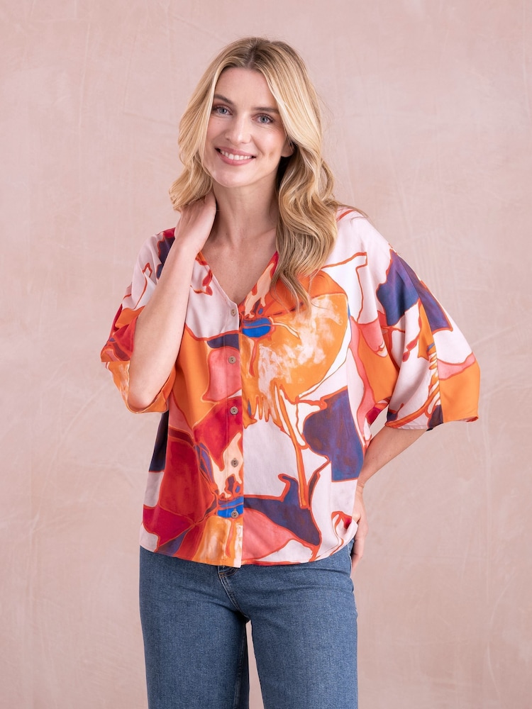 Celtic & Co. orangefarbene, drapierte Bluse mit V-Ausschnitt und Knopfleiste - Bild 1 von 5