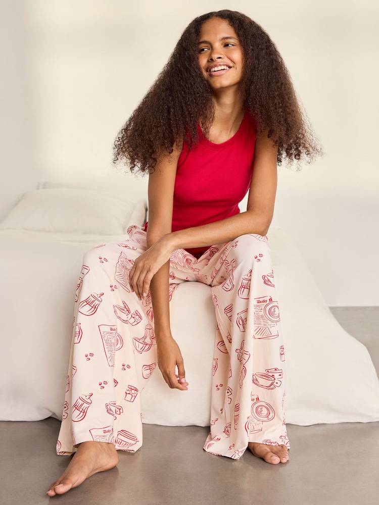 Chelsea Peers Natural Cotton Coffee Run Print Long Pyjamas Set - Image 1 of 6 Chelsea Peers Natural Cotton Coffee Run Print Long Pyjamas Set - Image 1 of 6