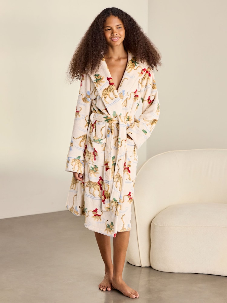 Chelsea Peers Natural Fleece Ice Skating Leopards Print Hooded Dressing Gown - Image 1 of 6 Chelsea Peers Natural Fleece Ice Skating Leopards Print Hooded Dressing Gown - Image 1 of 6