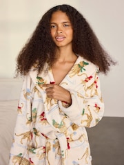 Chelsea Peers Natural Fleece Ice Skating Leopards Print Hooded Dressing Gown - Image 5 of 6