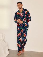 Chelsea Peers Blue Cotton Argyle Musical Santa Print Long Pyjamas Set - Image 1 of 7