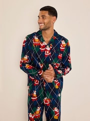 Chelsea Peers Blue Cotton Argyle Musical Santa Print Long Pyjamas Set - Image 2 of 7
