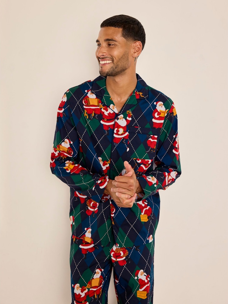 Chelsea Peers Blue Cotton Argyle Musical Santa Print Long Pyjamas Set - Image 2 of 7 Chelsea Peers Blue Cotton Argyle Musical Santa Print Long Pyjamas Set - Image 2 of 7