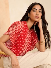 Love & Roses Red Flutter Sleeve Blouse - Image 3 of 4