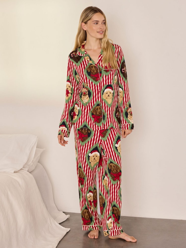 Chelsea Peers Red Petite Christmas Chip & Friends Stripe Print Long Pyjamas Set - Image 1 of 6 Chelsea Peers Red Petite Christmas Chip & Friends Stripe Print Long Pyjamas Set - Image 1 of 6