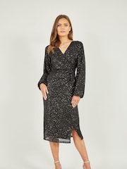 Yumi Black Sequin Ruched Wrap Long Sleeve Dress - Image 1 of 5