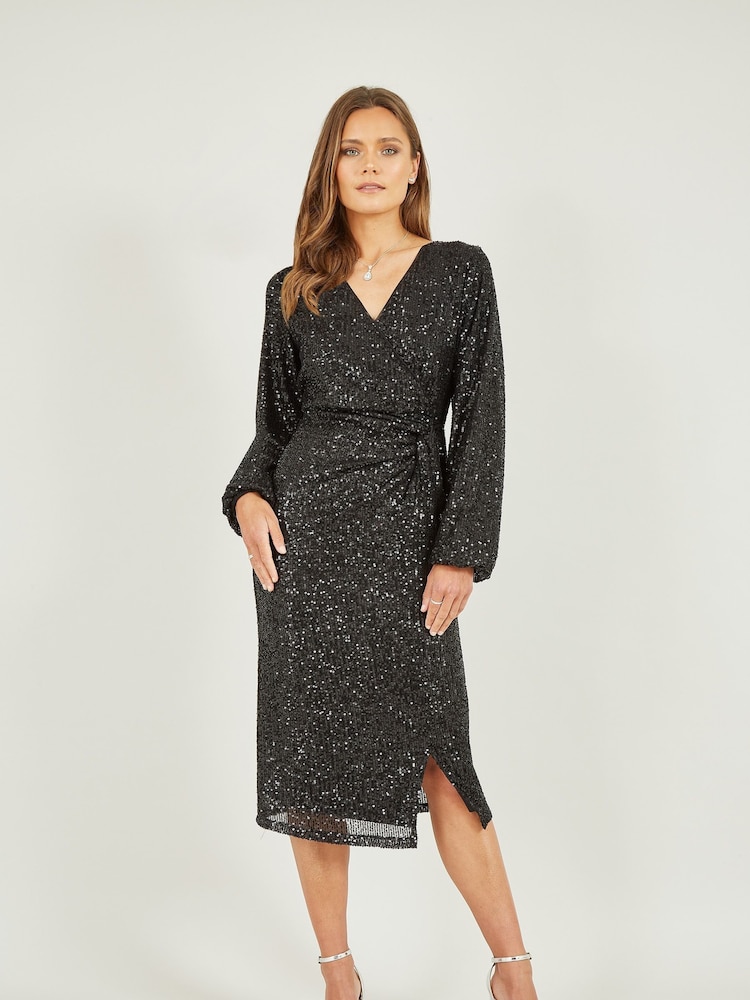 Yumi Black Sequin Ruched Wrap Long Sleeve Dress - Image 1 of 5