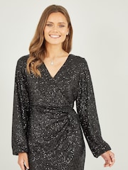 Yumi Black Sequin Ruched Wrap Long Sleeve Dress - Image 2 of 5