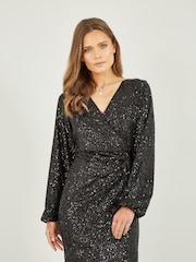 Yumi Black Sequin Ruched Wrap Long Sleeve Dress - Image 3 of 5