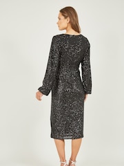 Yumi Black Sequin Ruched Wrap Long Sleeve Dress - Image 4 of 5
