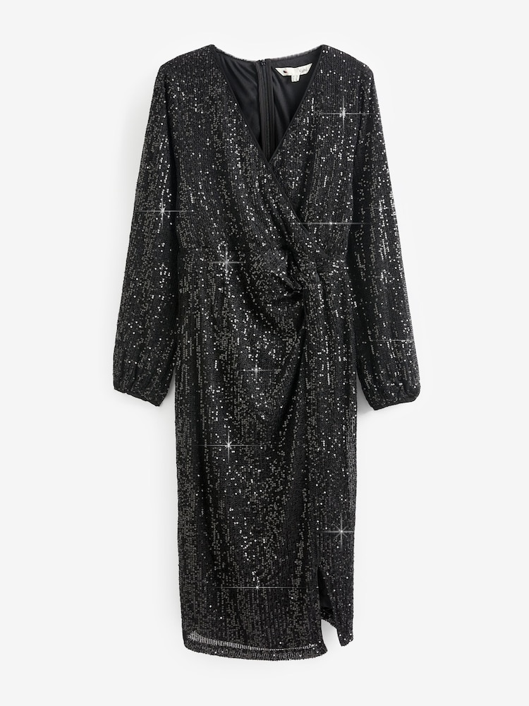 Yumi Black Sequin Ruched Wrap Long Sleeve Dress - Image 5 of 5