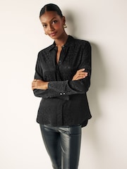 Black Satin Jacquard Long Sleeve Shirt - Image 1 of 6
