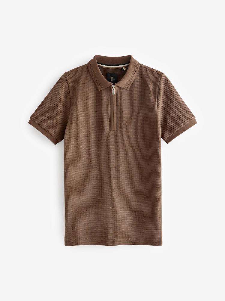 Braun - Strukturiertes Polo-Shirt mit RV-Kragen (3–16 Jahre) - Bild 1 von 3