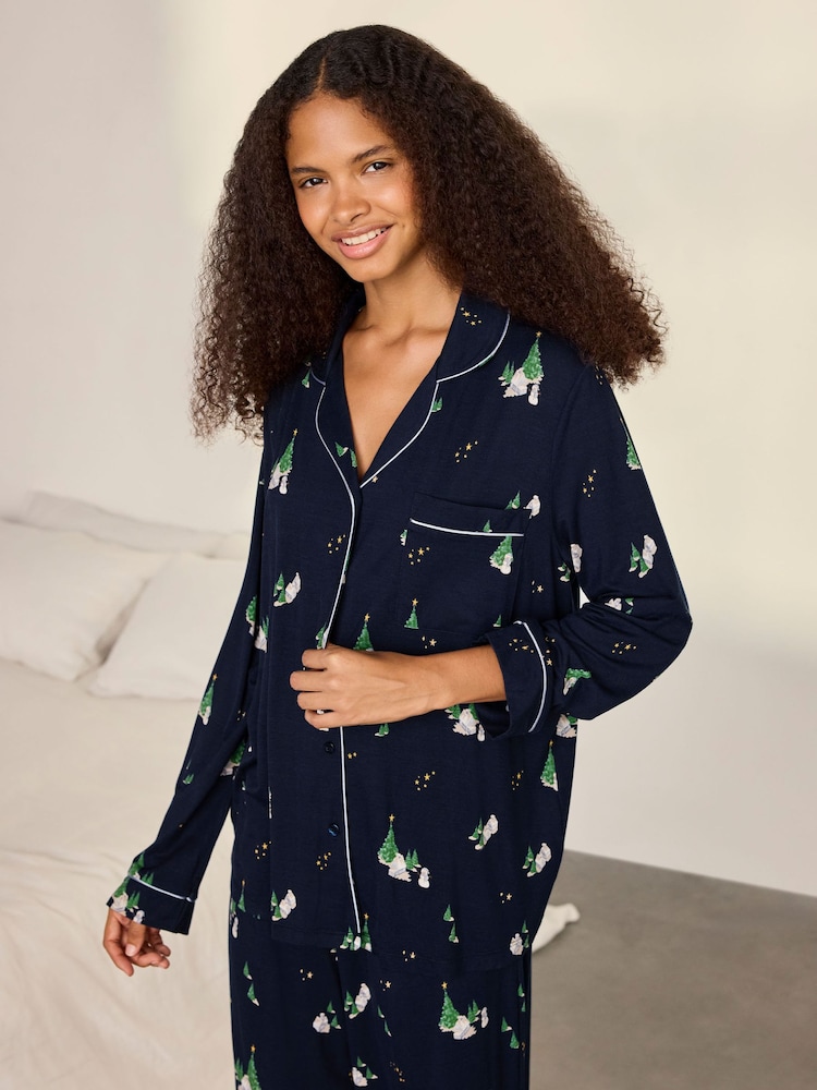 Chelsea Peers Blue TENCEL Modal Starlit Pines Print Long Pyjamas Set - Image 2 of 7 Chelsea Peers Blue TENCEL Modal Starlit Pines Print Long Pyjamas Set - Image 2 of 7