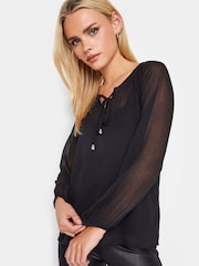 PixieGirl Petite Black Tie Neck Longsleeve Top - Image 1 of 4