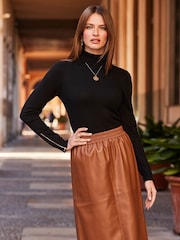 Sosandar Brown Elasticated Waist Faux Leather Skirt - Image 3 of 4