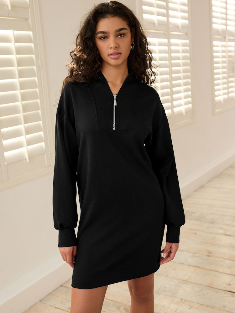 Black Slinky Zip Neck Mini Dress - Image 1 of 6