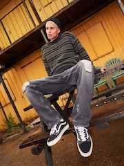 Green/Grey EDIT Regular Knitted Stripe Crew Jumper - Image 1 of 6