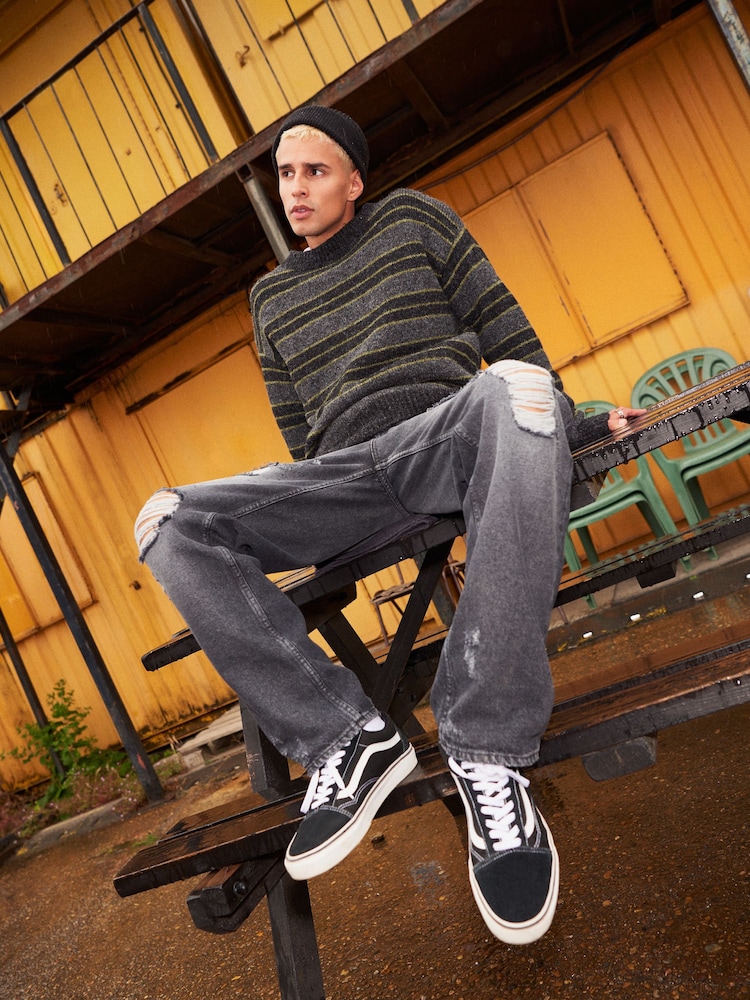Green/Grey EDIT Regular Knitted Stripe Crew Jumper - Image 1 of 6