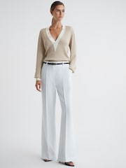 Reiss Gold Tilly Contrast Trim Metallic V-Neck Jumper - Image 3 of 5
