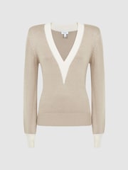 Reiss Gold Tilly Contrast Trim Metallic V-Neck Jumper - Image 5 of 5