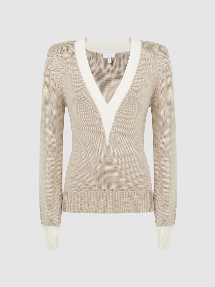 Reiss Gold Tilly Contrast Trim Metallic V-Neck Jumper - Image 5 of 5