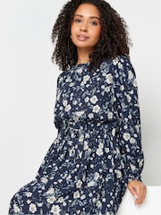 M&Co Blue Petite Butterfly Print Smock Midi Dress - Image 4 of 5