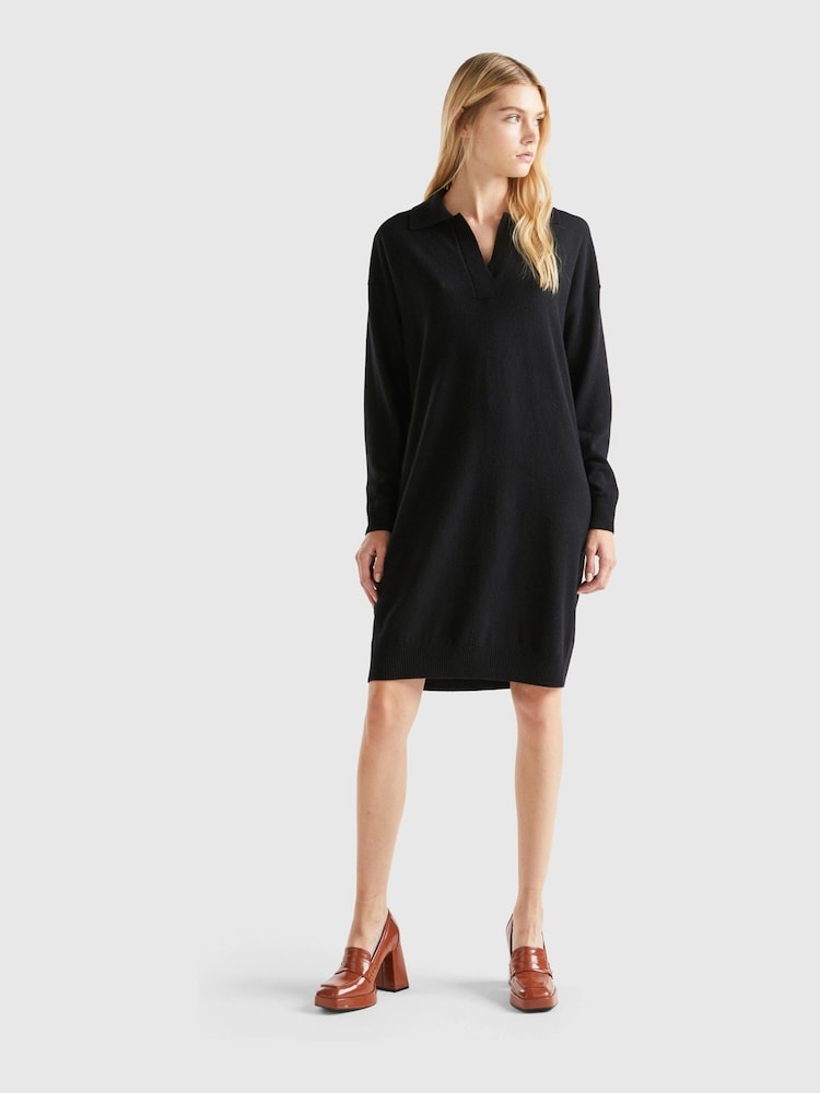 Benetton V-Neck Collared Knit Black Dress - Image 1 of 4
