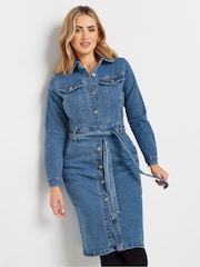 M&Co Blue Button Down Tie Waist Denim Dress - Image 4 of 5