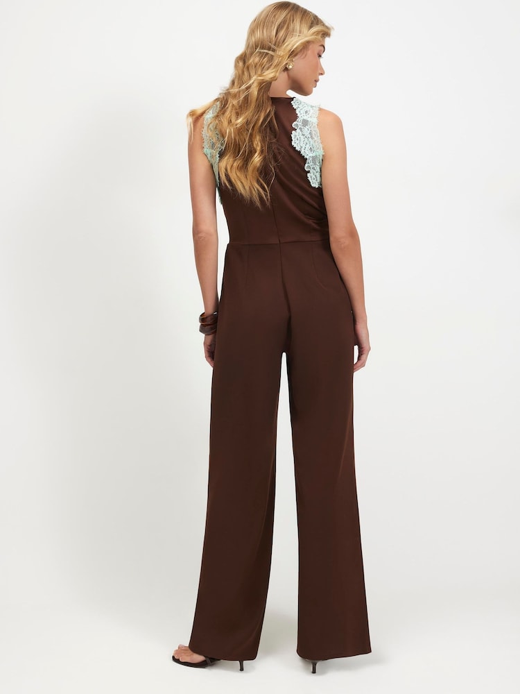 River Island Brown Halter Neck Lace Trim Jumpsuit - Image 2 of 4 River Island Brown Halter Neck Lace Trim Jumpsuit - Image 2 of 4