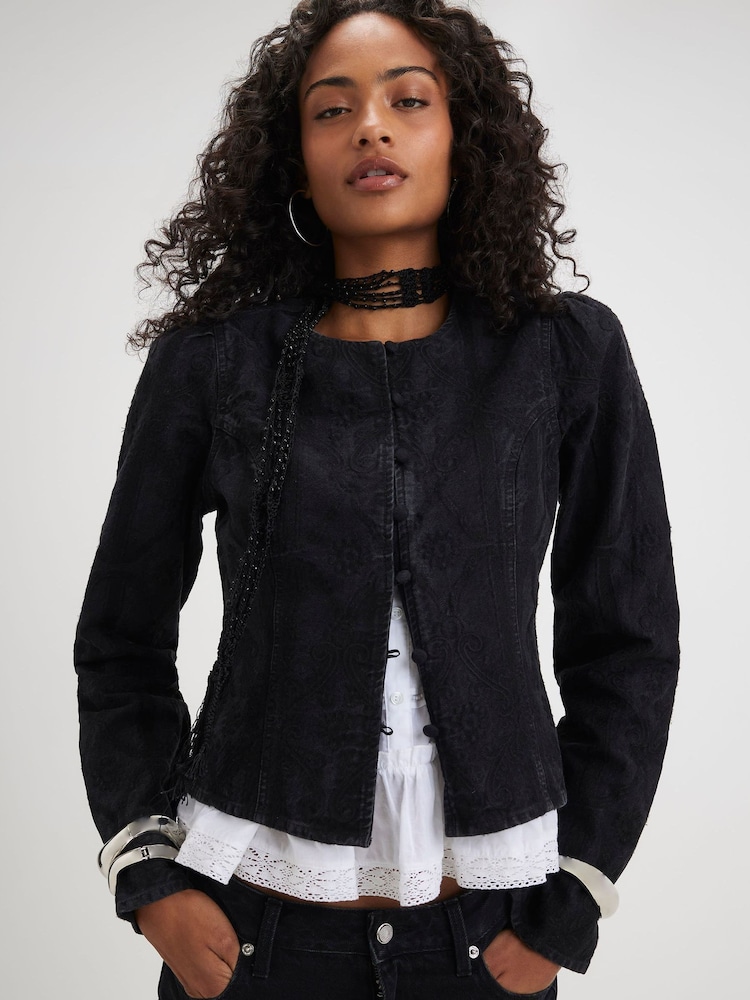 River Island Black Denim Embroidered Drummer Jacket - Image 1 of 4