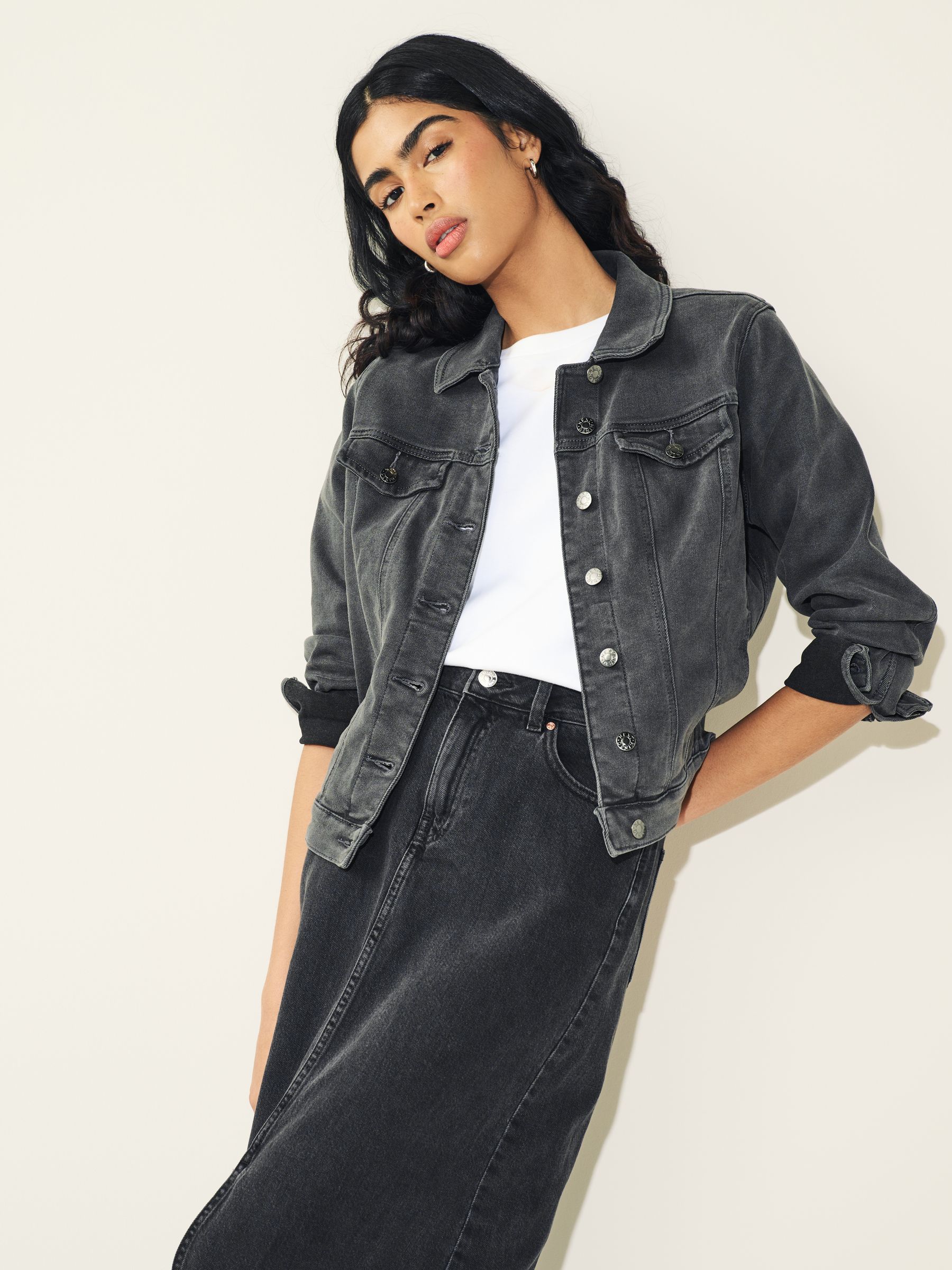 Black long denim jacket shop