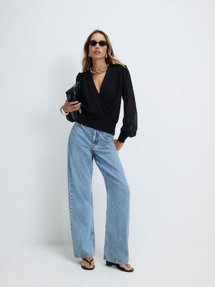 River Island Black Hybrid Knit Long Sleeve Top - Image 1 of 4 River Island Black Hybrid Knit Long Sleeve Top - Image 1 of 4