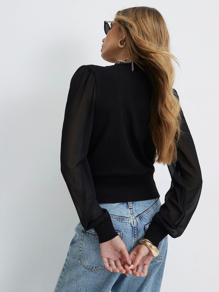 River Island Black Hybrid Knit Long Sleeve Top - Image 4 of 4 River Island Black Hybrid Knit Long Sleeve Top - Image 4 of 4