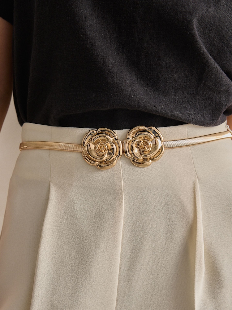 Gold Corsage Flower Skinny Stretch Belt - Image 1 of 5 Gold Corsage Flower Skinny Stretch Belt - Image 1 of 5