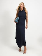 River Island Blue Sleeveless Halter Textured Midi Dress - Image 1 of 4