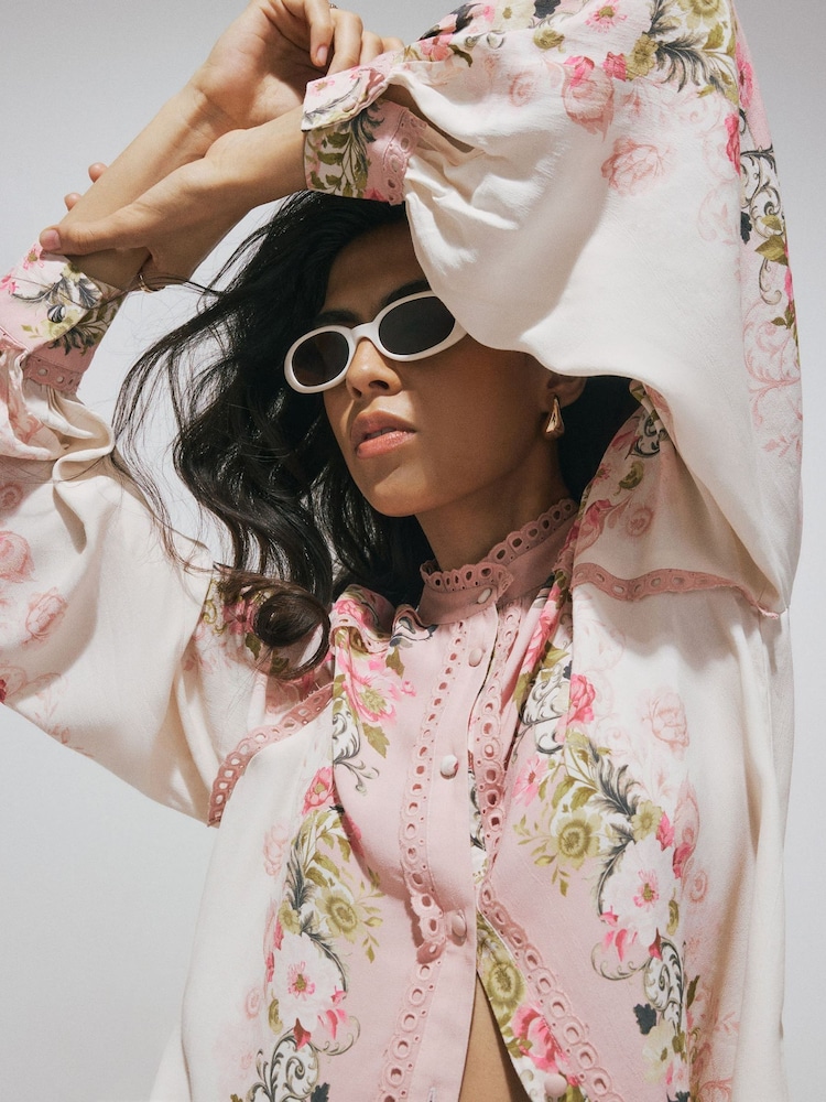 River Island Pink Floral Broderie Trim Blouse - Image 2 of 4