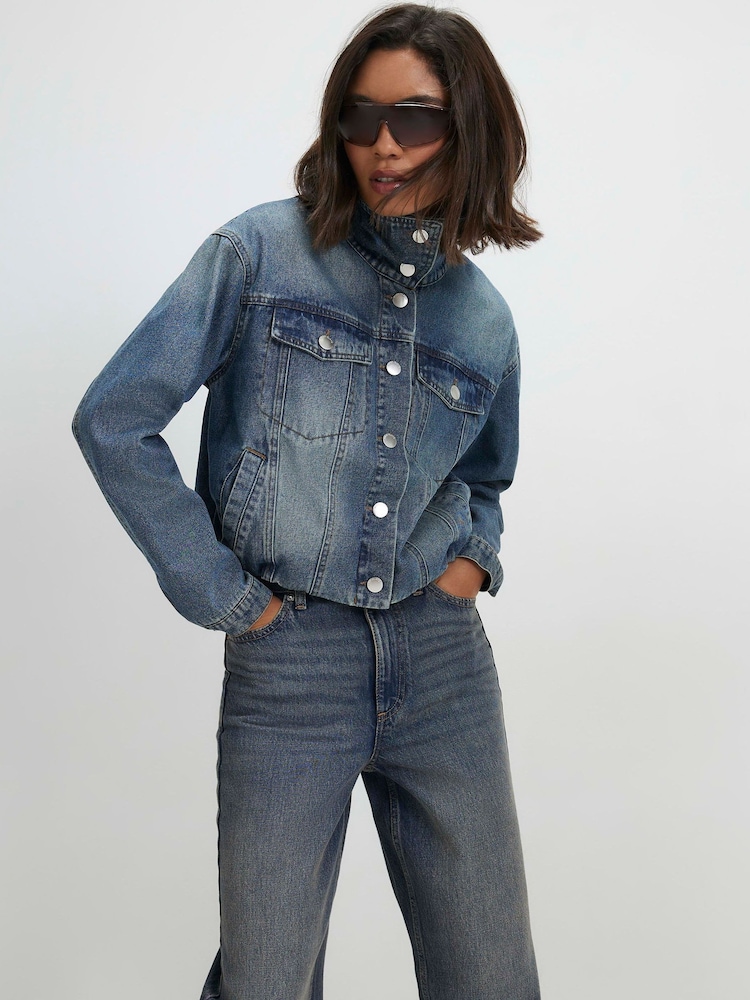River Island Blue Funnel Neck Denim Bomber Jacket - Image 1 of 4