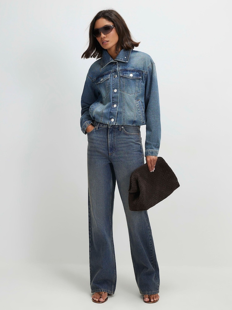 River Island Blue Funnel Neck Denim Bomber Jacket - Image 2 of 4