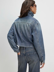 River Island Blue Funnel Neck Denim Bomber Jacket - Image 3 of 4