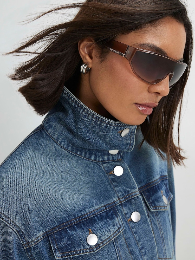 River Island Blue Funnel Neck Denim Bomber Jacket - Image 4 of 4