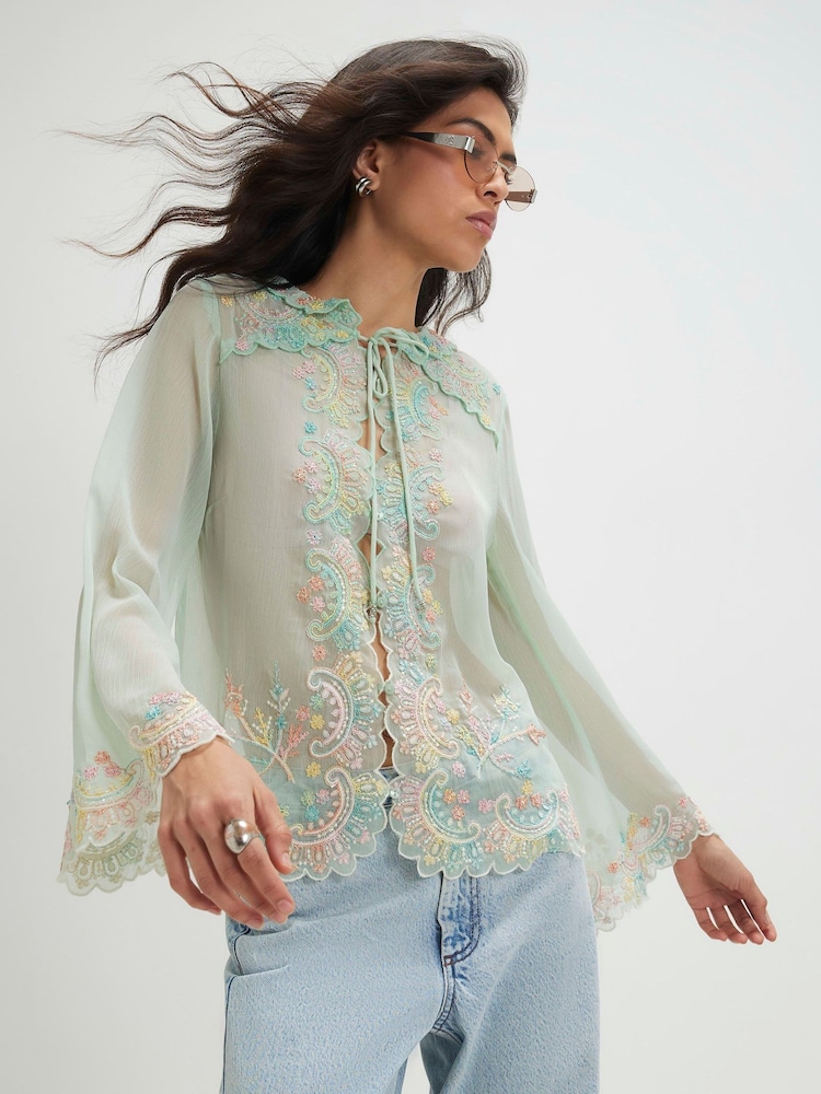 River Island Soft Embroidered Tie Blouse - Bild 1 von 4