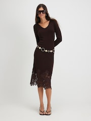 River Island Brown Lace Hem V-Neck Jumper Midi Dress - Image 1 of 4