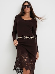 River Island Brown Lace Hem V-Neck Jumper Midi Dress - Image 3 of 4